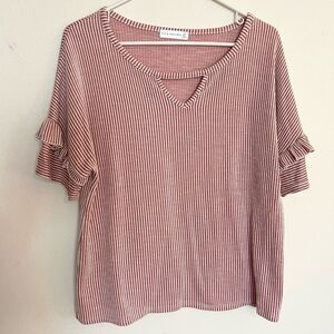 Retrology Soft Pink Stripe Ruffle Short Sleeve Top Tee T-Shirt Cutout V-Neck